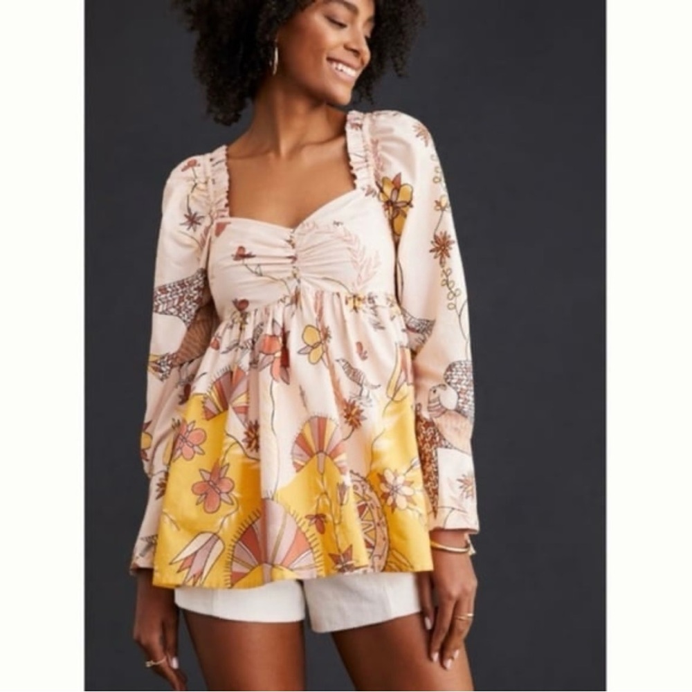Let Me Be Anthropologie Poplin Cotton Babydoll Floral + Bird Top Blouse Medium